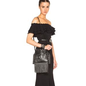Saint Laurent Black Leather Silver Studded Small Helena Fringed Bucket Bag